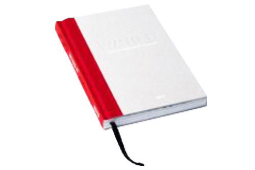 A two-colored hardcover book with a black bookmark