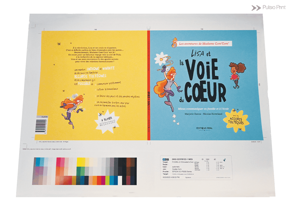 Cromalins of a full color book cover with the colour registration